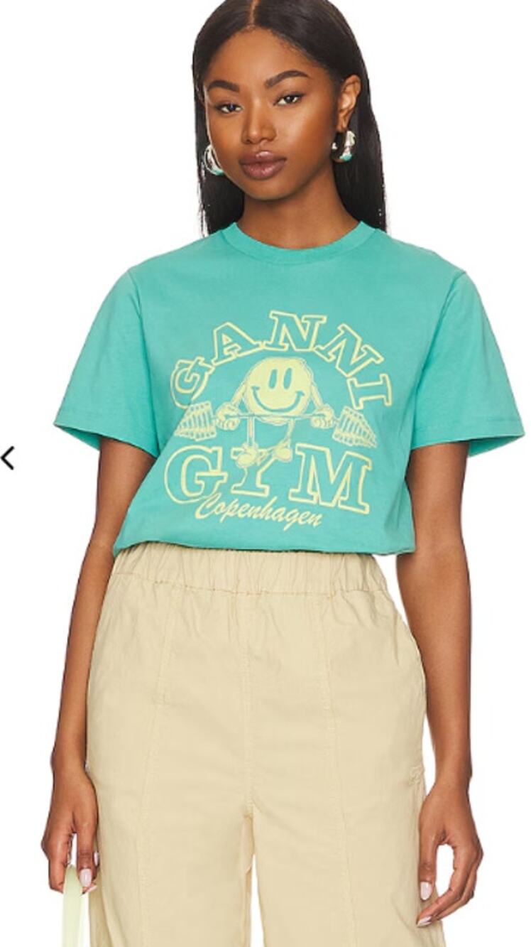 Ganni Gym Relaxed T Shirt Women's Medium Lagoon Organic Cotton Luxury Preppy